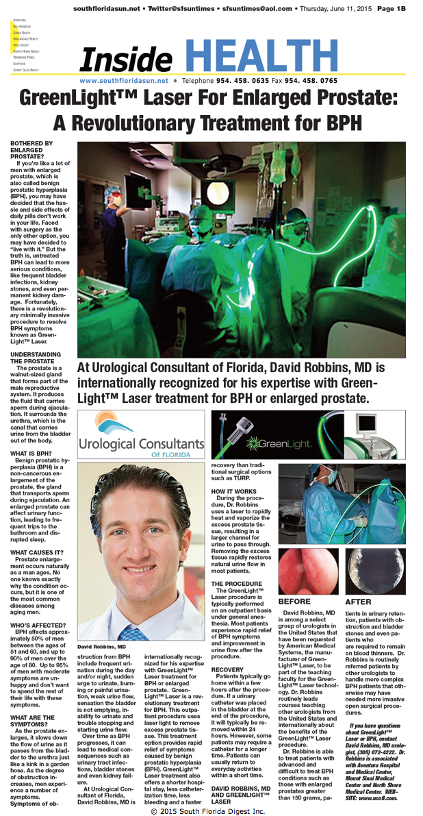 South Florida Sun Times GreenLight Laser Article, David Robbins MD